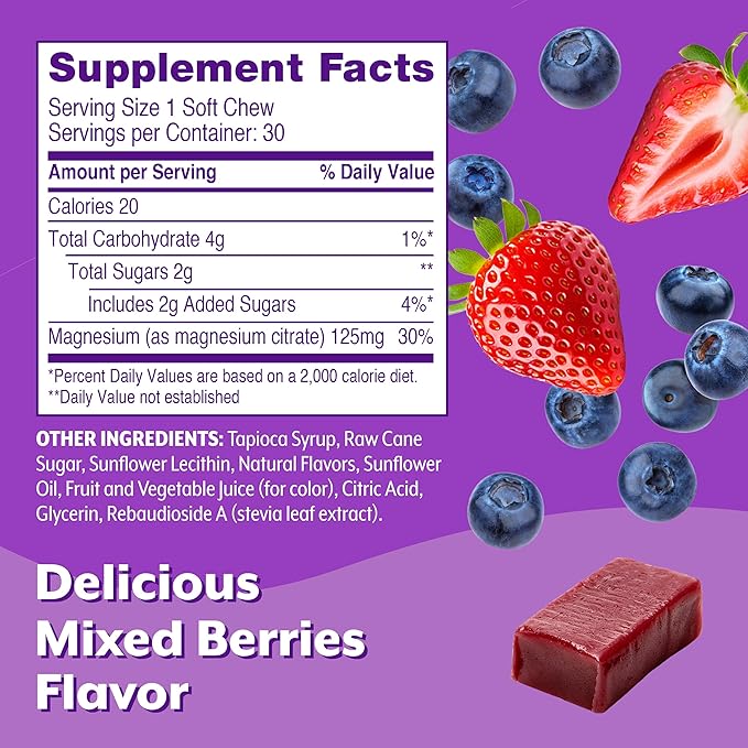 Viactiv Magnesium Chews, High Absorption Magnesium Citrate, Mixed Berries Flavor with Less Sugar Than Leading Magnesium Gummies, 30ct, 1pc Serving