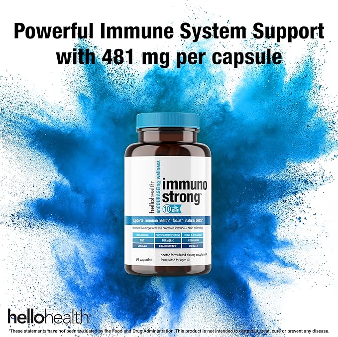 Daily Immune Support Supplement Immunostrong 10-in-1 Immunity Vitamins with Immune Booster Oregano, Olive Leaf, Soothing Antioxidant Omega 3, Turmeric Curcumin & Zinc Vitamins for Adults & Kids -60 ct