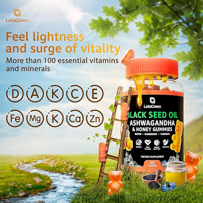 Black Seed Oil Gummies - 60 Nigella Sativa Bears with Ashwagandha Extract - Immune Support & Natural Cleanse – Chewable Black Seed Oil Gummies for Adults (Pack of 2)