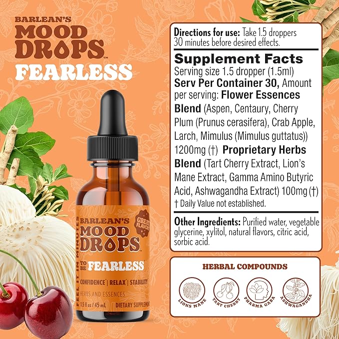 Barlean's Mood Booster Supplement, Fearless Ashwagandha Liquid Drop Supplements for Men and Women, Adaptogen Herbs Drops, 1.5 oz