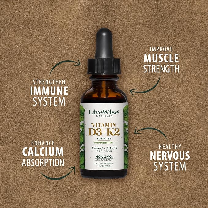 LiveWise Naturals Vitamin D3 with K2 Liquid Drops, All Natural, Non-GMO, USA Made, 1208 IU Vitamin D3 & 25 mcg K2, Supports Bone Health and Energy Levels, Infused with Peppermint, Olive, and MCT Oil
