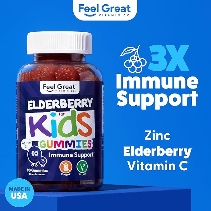 Feel Great Vitamin Co. Elderberry Gummies for Kids | Immune Support | Natural Antioxidant Immune Booster | with Vitamin C and Zinc | Gluten Free & Vegetarian | 90 Gummies