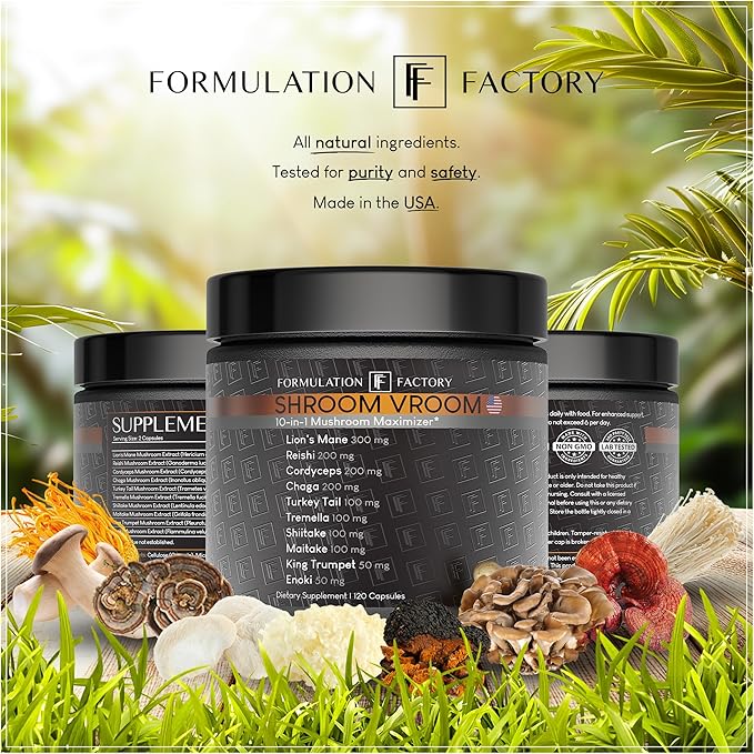 Shroom Vroom: 10-in-1 Mushroom Supplement, Lion’s Mane, Reishi, Cordyceps, Chaga, Turkey Tail, Tremella, Shiitake, Maitake, King Trumpet & Enoki, Brain Boost, Immune Support (120 count Pack of 3)
