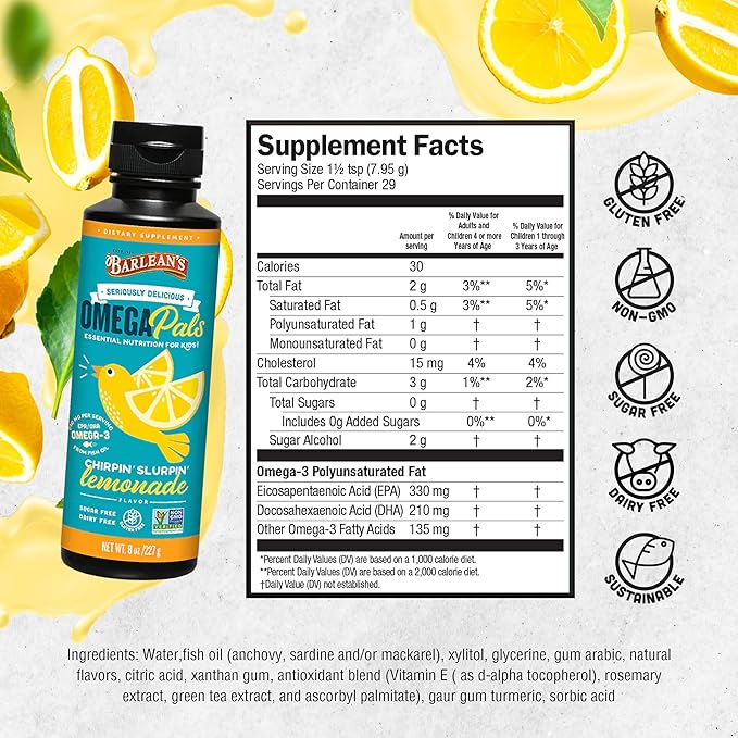 Barlean's Omega Pals Chirpin' Slurpin' Omega 3 for Kids, Yummy Lemonade Flavored Children's Liquid Fish Oil Supplement with 540 mg of EPA and DHA for Brain and Eye Health, 8 oz