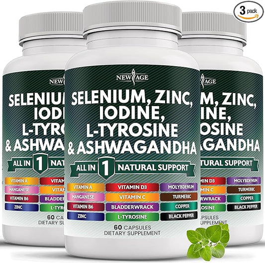 Selenium, Zinc, Iodine, L Tyrosine, Ashwagandha - Thyroid Support Supplement for Women and Men with Bladderwrack, Turmeric, Silica Kelp, Schisandra - 60 Count (Pack of 3)