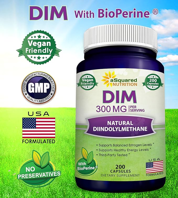 aSquared Nutrition DIM Supplement 300mg Plus BioPerine - 200 Veggie Capsules - Diindolylmethane DIM Max Strength Pills to Support Estrogen Metabolism & Balance, Menopause Relief, PCOS, Hormonal Acne
