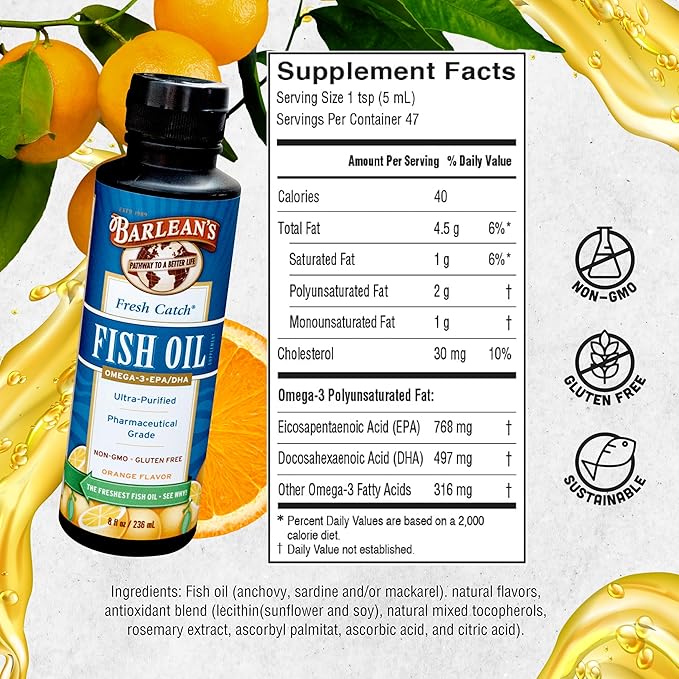 Barlean's Omega 3 Fish Oil Supplement, Liquid EPA and DHA Fatty Acid Supplements Support, High Potency Orange Flavored, 8 oz