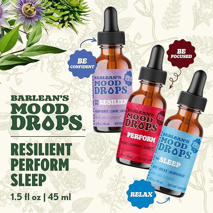 Barlean's Mood Booster Supplement Bundle, Perform, Resilient and Sleep Liquid Drop Supplements for Men and Women, Adaptogen Herbs Drops, 1.5 oz