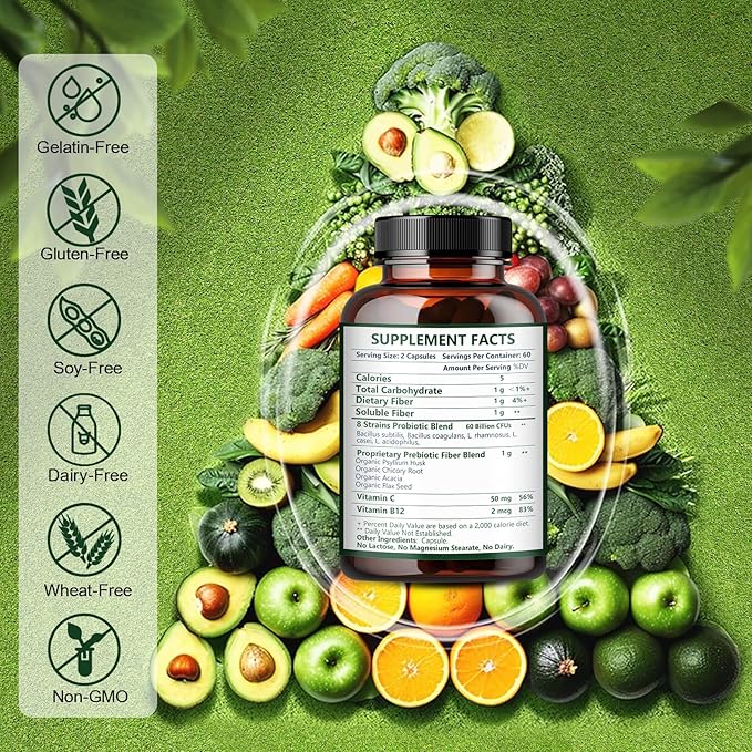 Probiotics for Women Digestive Health with Prebiotic Fiber - Fiber Supplement with 60 Billion Probiotic for Regularity & Gut Cleanse - Supports Occasional Constipation - 114 Veggie Capsules