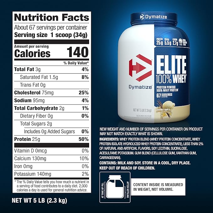 Dymatize Elite 100% Whey Protein Powder, 25g Protein, 5.5g BCAAs & 2.7g L-Leucine, Quick Absorbing & Fast Digesting for Optimal Muscle Recovery, Gourmet Vanilla, 5 Pound, 67 Servings