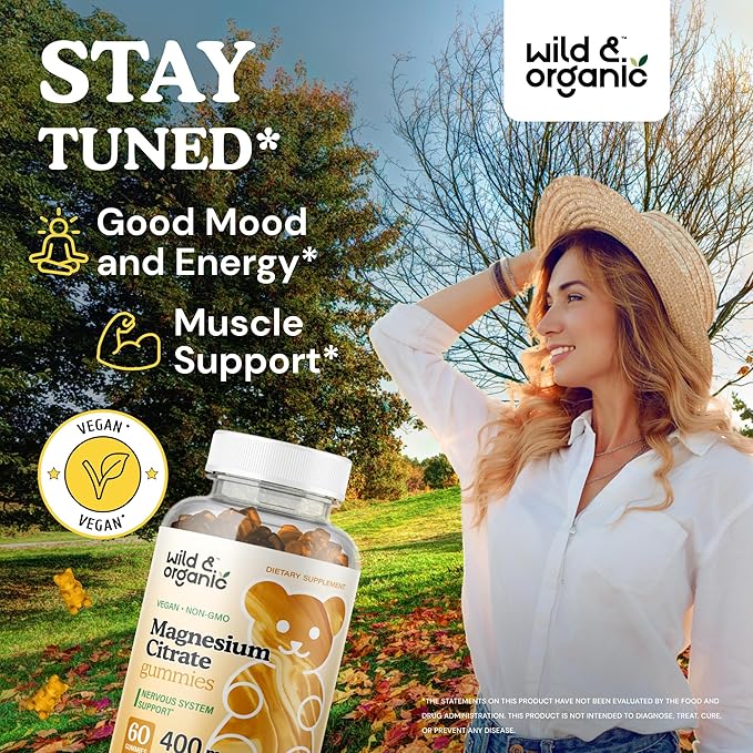 Wild & Organic Magnesium Citrate Gummies 400 mg - Relaxing Chewables for Calm and Mood - Calming Magnesium Citrate Supplement - 60 Vegan, Non-GMO Powder Based Chews