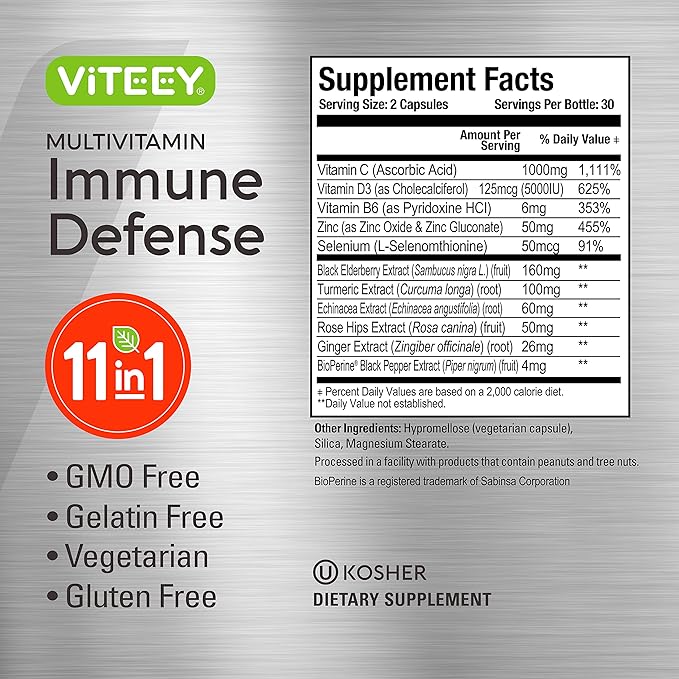 11 in 1 Multivitamin Immune Defense Supplement - Immune Booster Capsules with Vitamin D3, Vitamin B6, Echinacea, Turmeric, Rose-HIPS, Selenium, BioPerine, Ginger, Elderberry Vitamin C and Zinc