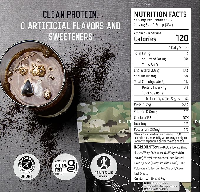Ascent 100% Whey Protein Powder - Post Workout Whey Protein Isolate, Zero Artificial Flavors & Sweeteners, Gluten Free, 5.5g BCAA, 2.6g Leucine, Military Exclusive, Mocha Cold Brew 1.7 lb