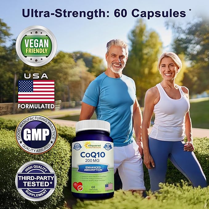 aSquared Nutrition CoQ10 200mg - 60 Capsules - CO Q 10 Supplement - Coenzyme Q10 Ubiquinone Pills - Vegan CoQ-10 Extra Antioxidant Vitamin - Alternative to Softgels & Gummies