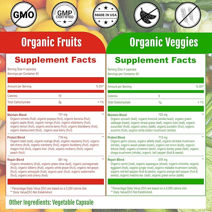 UpNourish Organic Fruits and Veggies Supplement - Support Diet Balance, Body Cleanse & Energy - 480 Fruits and Super Greens Capsules from Nature - Fruit and Vegetable Supplements for Adults & Kids