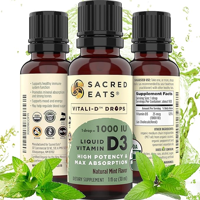 Organic Liquid Vitamin D Drops for Kids & Adults, Sugar Free. Easy to Use 1,000 IU/Drop in Coconut MCT Oil. Lasts Months, Best for High Doses. Max Absorption VIT D3 Supplement. Great Taste (Mint)
