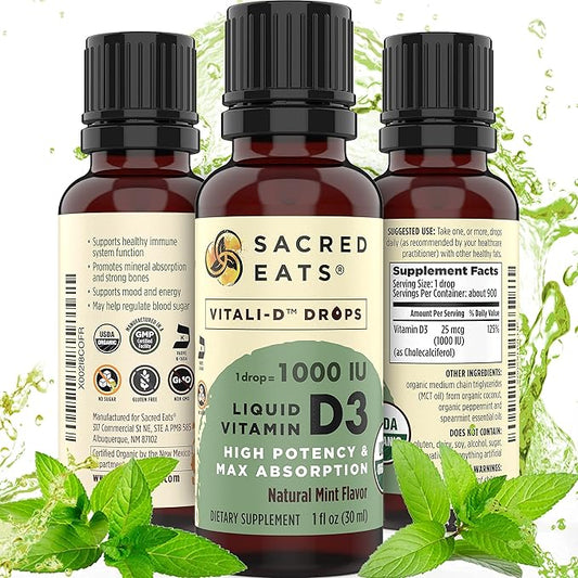 Organic Liquid Vitamin D Drops for Kids & Adults, Sugar Free. Easy to Use 1,000 IU/Drop in Coconut MCT Oil. Lasts Months, Best for High Doses. Max Absorption VIT D3 Supplement. Great Taste (Mint)
