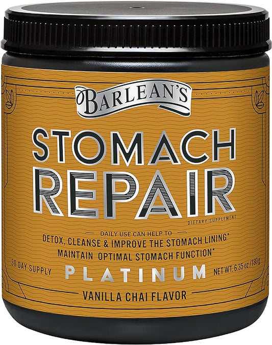 Barlean's Stomach Repair Gut Health Powder Supplement, Fiber and Digestive Support Supplements Blend for Detox and Cleanse, Vanilla Chai Drink Mix, 6.35 oz