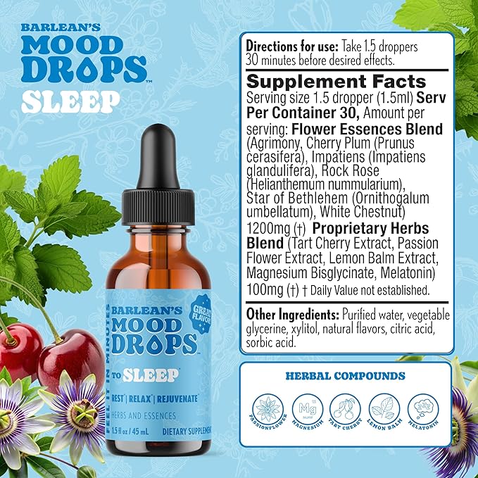 Barlean's Mood Booster Supplement, Sleep Liquid Drop Supplement for Men and Women, Magnesium and Melatonin, Adaptogen Herbs Drops, 1.5 oz