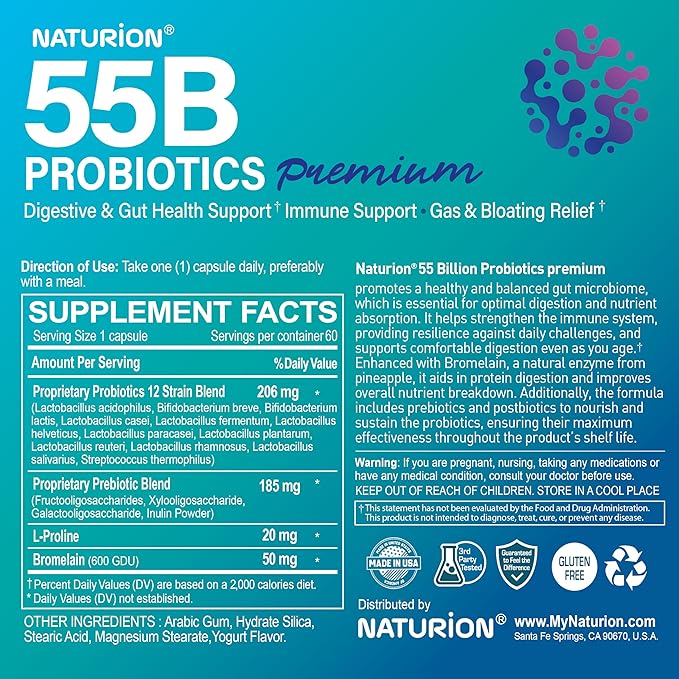 55B Probiotics Premium - 55 Billion CFU, 12 Strains, 185mg Prebiotic - Immune Support, Digestive & Gut Health - Supports Occasional Constipation, Gas & Bloating - 60 Vegan Capsules, 60 Day Supply