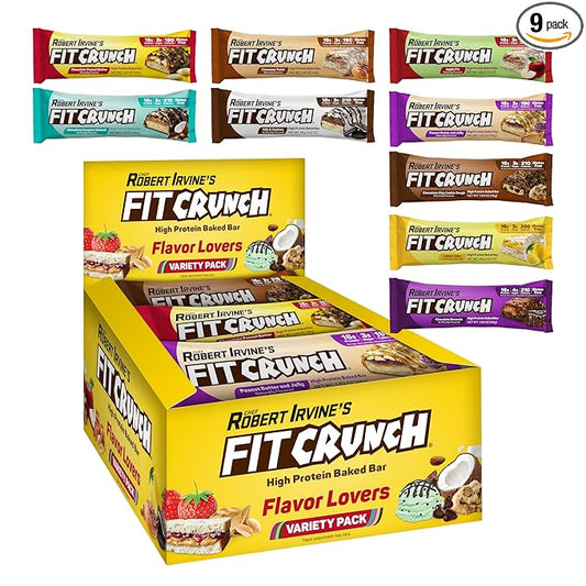 FITCRUNCH Snack Size Protein Bars, 6-Layer Baked Bar, 3g of Sugar, Gluten Free & Soft Cake Core (9 Bars, Flavor Lovers)