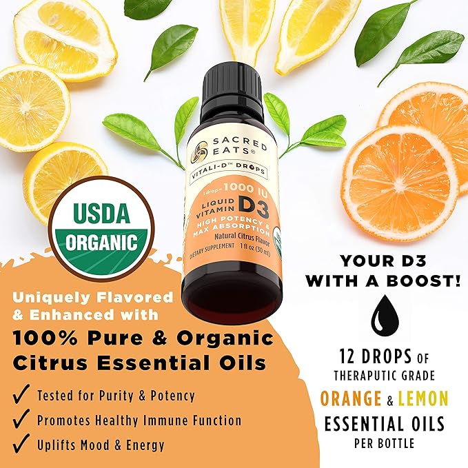 Organic Liquid Vitamin D Drops for Kids & Adults, Sugar Free. Easy to Use 1,000 IU/Drop in Coconut MCT Oil. Lasts Months, Best for High Doses. Max Absorption VIT D3 Supplement. Great Taste (Citrus)