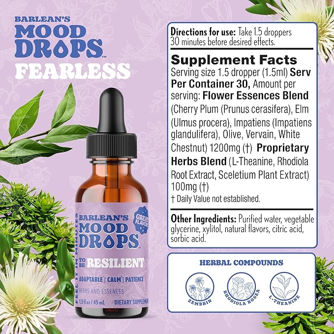 Barlean's Mood Booster Supplement, Resilient L Theanine Liquid Drop Supplements for Men and Women, Adaptogen Herbs Drops, 1.5 oz