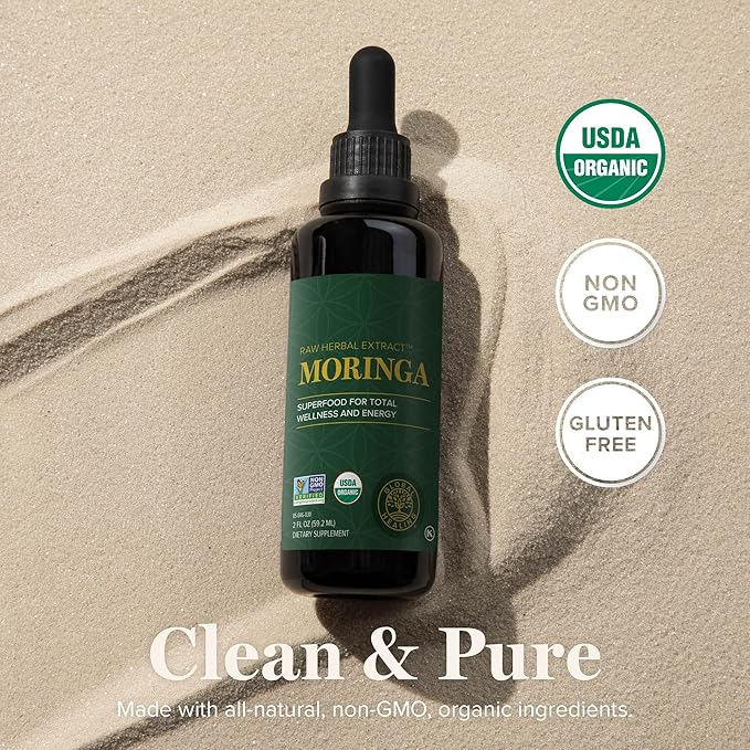 Global Healing Organic Moringa Oleifera Extract Liquid Drops, Moringa Supplement-Vegan from Tree Leaves-Max Absorption of Vitamins and Minerals- More Potency Than Powder Form (2 Fl Oz)