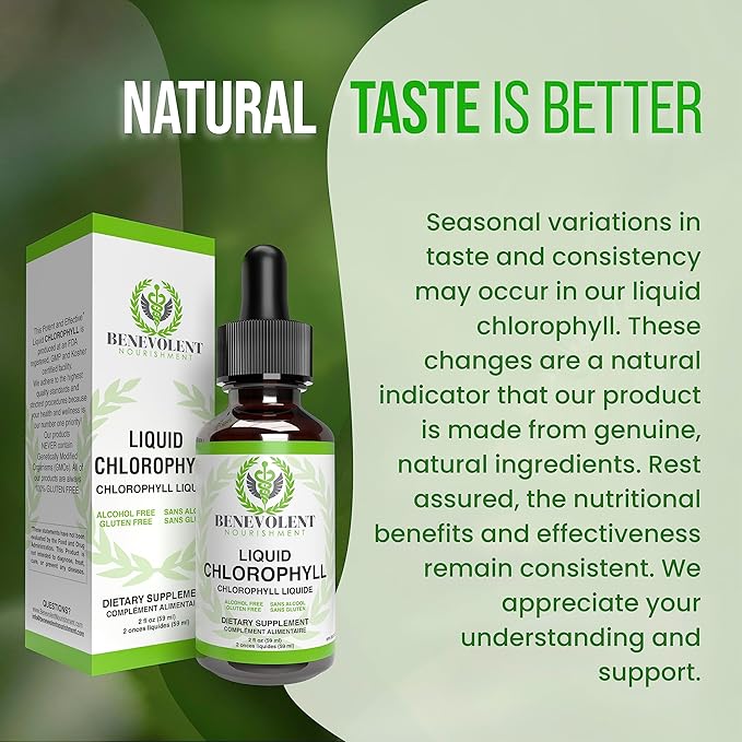 Benevolent Chlorophyll Liquid Drops – Organic Detox & Immune Support, Internal Deodorizer & Skin Health Supplement, Non-GMO, 4 Month Supply, Natural Mint Flavor