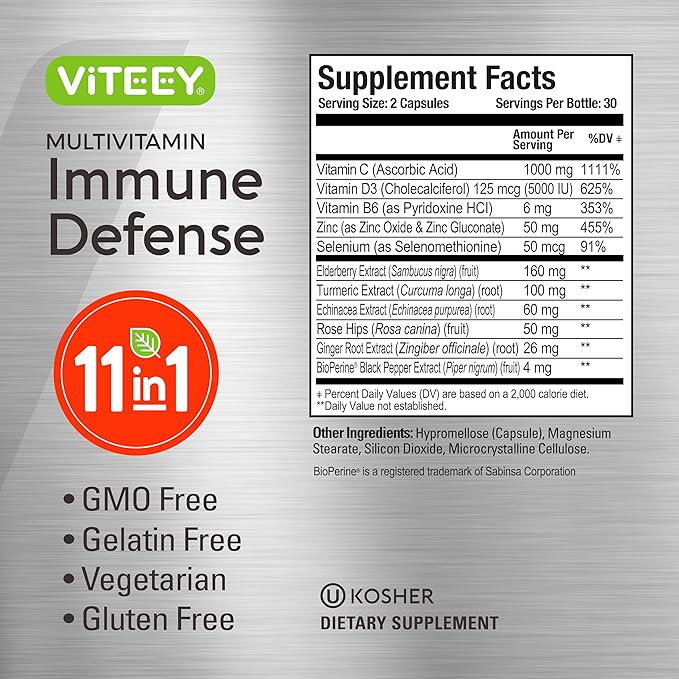 11 in 1 Multivitamin Immune Defense Supplement - Immune Booster Capsules with Vitamin D3, Vitamin B6, Echinacea, Turmeric, Rose-HIPS, Selenium, BioPerine, Ginger, Elderberry Vitamin C and Zinc