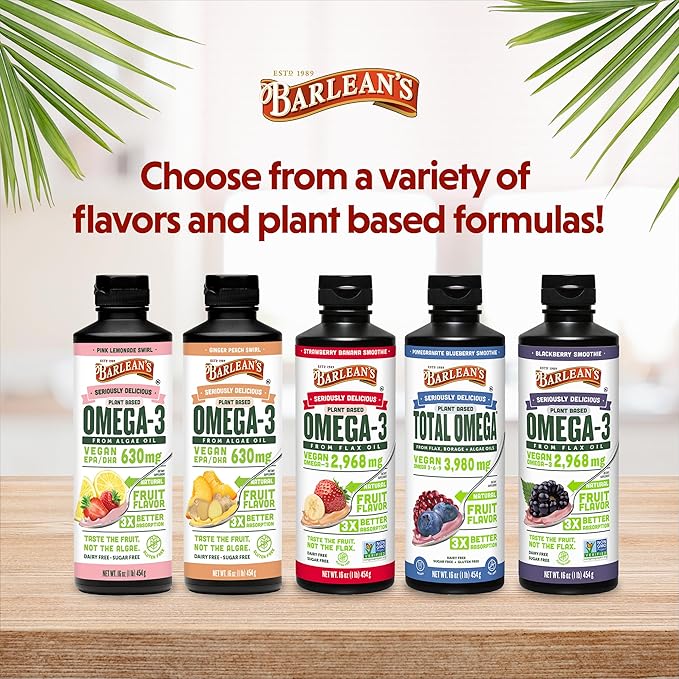 Barlean's Liquid Flaxseed, Borage and Algae Oils Omega 3 Supplement, Pomegranate Blueberry Flavor, Vegan EPA and DHA, Flax and Borage Seed Oil with 3,980 mg of Omega-3-6-9, 16 oz