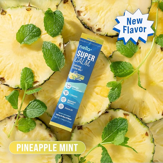 Supercalm Drink Mix – Ashwagandha KSM-66, Magnesium Glycinate, L-Theanine, Vitamin D3 – Pineapple Mint Flavor (20 Travel Packets)