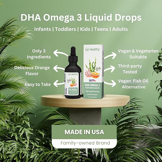 Go Healthy DHA Omega 3 Supplement Liquid Drops for Kids, Children, Infants & Adults - Vegan Omega 3 Fish Oil Alternative, Orange Flavor, 30,000 mg DHA per Bottle 30-120 Servings