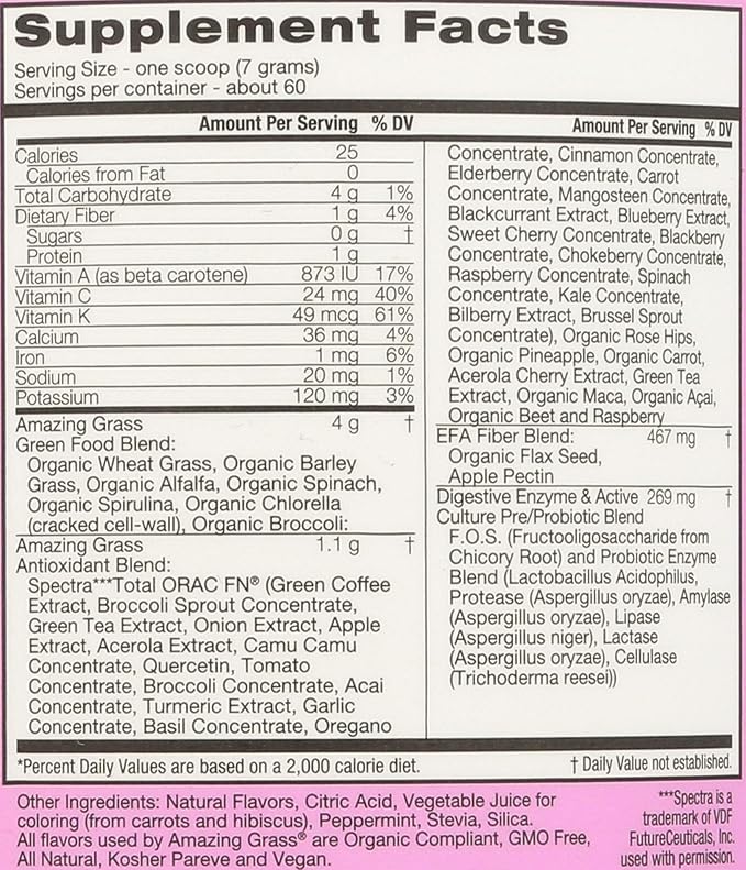 Amazing Grass Greens Superfood Antioxidant: Greens Powder with Organic Spirulina, Beet Root Powder, Elderberry & Probiotics, Sweet Berry, 60 Servings (Packaging May Vary)