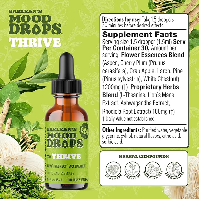 Barlean's Mood Booster Supplement, Thrive Liquid Drops Supplements, Ashawagandha, L Theanine, and Lion's Mane Extract, Adaptogen Herbs Drops, 1.5 oz