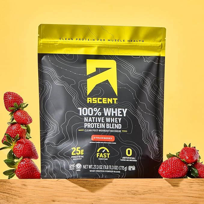 Ascent 100% Whey Protein Powder - Post Workout Whey Protein Isolate, Zero Artificial Flavors & Sweeteners, Gluten Free, 5.5g BCAA, 2.6g Leucine, Essential Amino Acids, Strawberry 1.7 lb