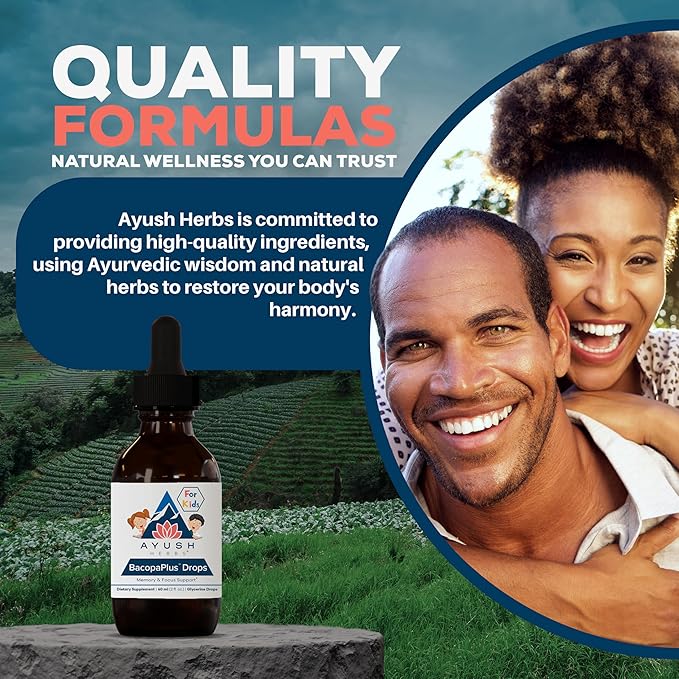 Ayush Herbs BacopaPlus Drops for Kids - Kids Focus and Attention Supplement with Bacopa, Ashwagandha, Ginkgo, Support for Brain & Memory, Organic Ingredients - 2 Fl Oz (80 Servings)