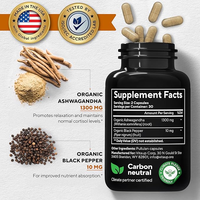 Ashwagandha Capsules 1310mg - USA Made Ashwagandha Supplements with Black Pepper - Ashwagandha Root Extract for Relaxation Support, Normal Cognitive Function & Balanced Energy Levels – 60 Caps