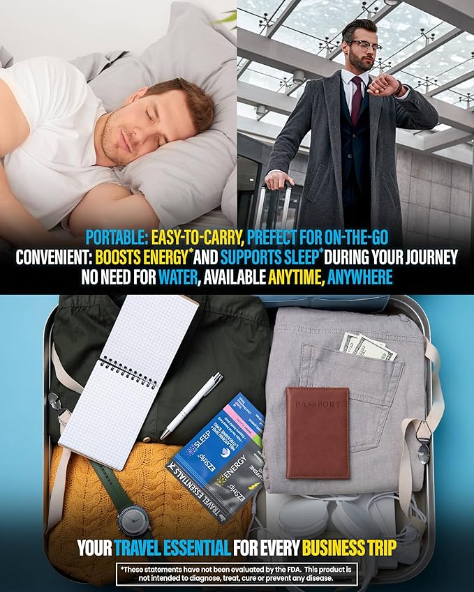 Travel Pack with Energy & Sleep Supplements - 30 Count - Portable Pack with Caffeine Strips for Energy and Melatonin Strips for Sleep Support During Travel - Made in USA, Sugar & Gluten Free
