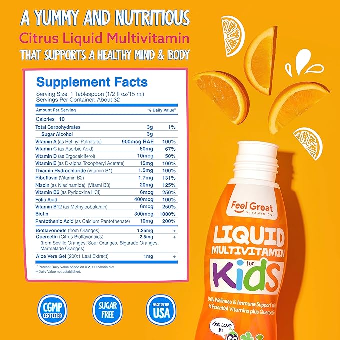 Feel Great Liquid Multivitamin for Kids | Orange Flavored Vegetarian & Sugar Free Kids Liquid Vitamin | Essential Kids Vitamins & Immune Support for Kids | 30 Day Supply