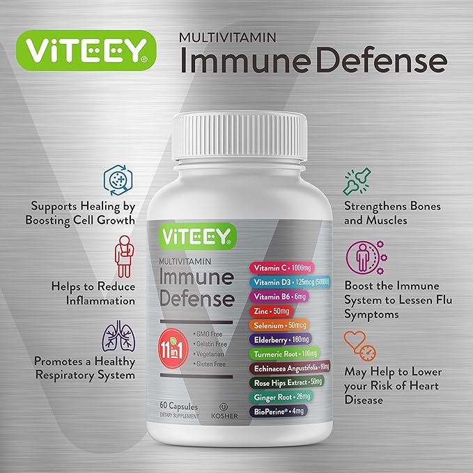 11 in 1 Multivitamin Immune Defense Supplement - Immune Booster Capsules with Vitamin D3, Vitamin B6, Echinacea, Turmeric, Rose-HIPS, Selenium, BioPerine, Ginger, Elderberry Vitamin C and Zinc