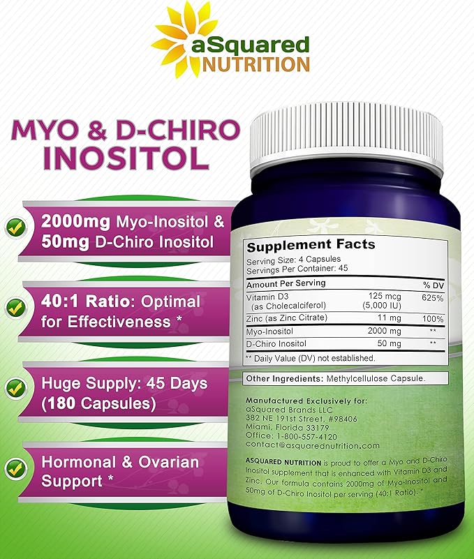 aSquared Nutrition Myo-Inositol & D-Chiro Inositol Supplement - 180 Capsules - Plus Vitamin D3 and Zinc - Myo & D-Chiro Inositol 40 to 1 Ratio - VIT B8 Complex Pills