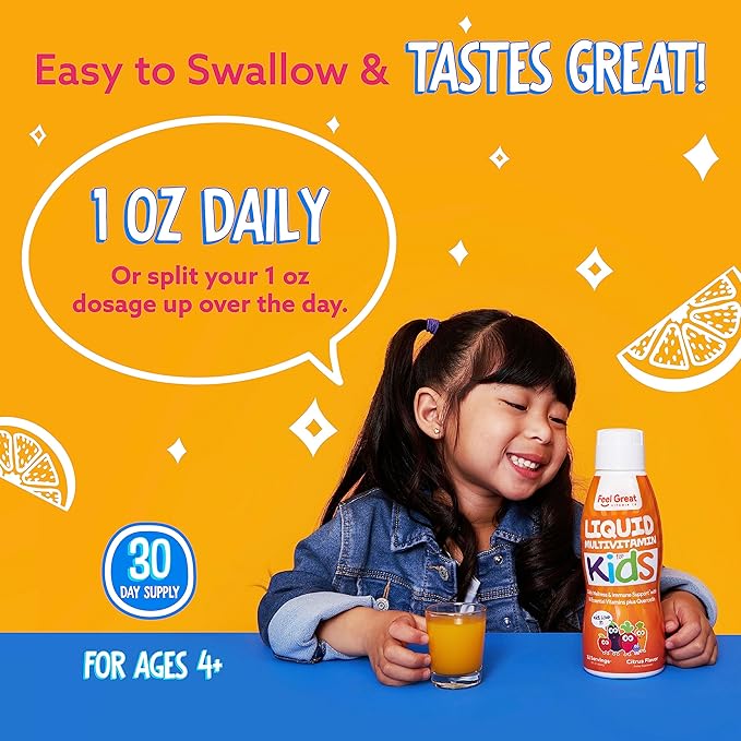 Feel Great Liquid Multivitamin for Kids | Orange Flavored Vegetarian & Sugar Free Kids Liquid Vitamin | Essential Kids Vitamins & Immune Support for Kids | 30 Day Supply