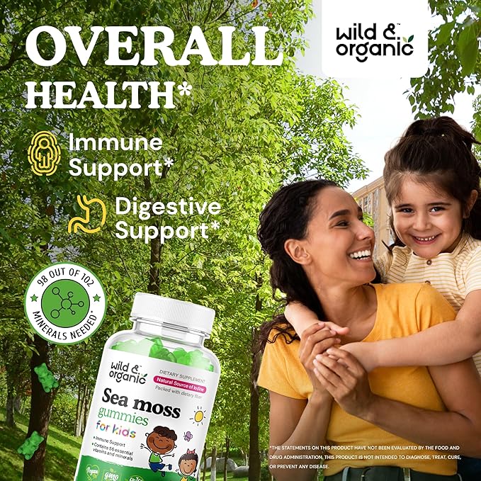 Wild & Organic Irish Sea Moss Gummies for Kids 800mg - Immune Support with Bladderwrack - Vegan Sea Moss Gel Chews for Overall Support - 60 Non-GMO Seamoss Gel Gummies