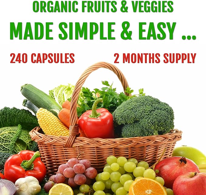 UpNourish Organic Fruits and Veggies Supplement - Support Diet Balance, Body Cleanse & Energy - 480 Fruits and Super Greens Capsules from Nature - Fruit and Vegetable Supplements for Adults & Kids