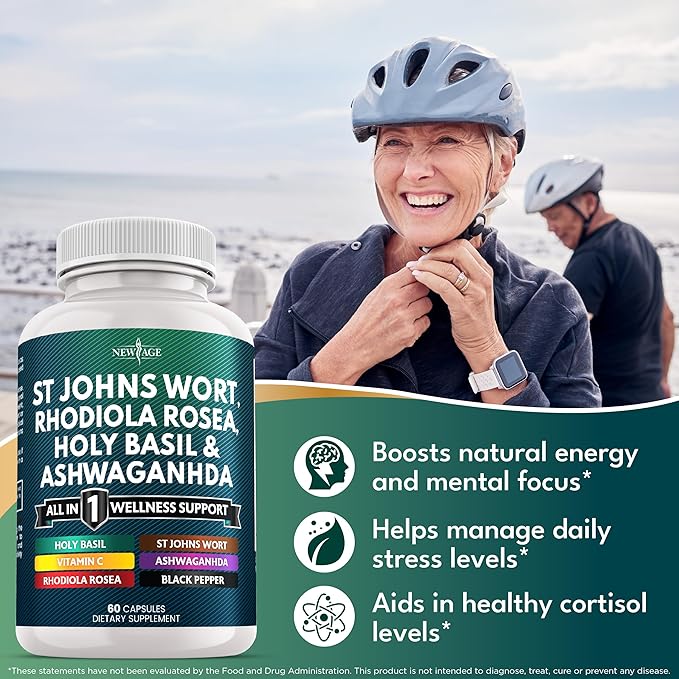 NEW AGE St Johns Wort, Rhodiola Rosea, Holy Basil, Ashwagandha - Support for Women and Men with Vitamin C & Black Pepper Extract - 120 Count