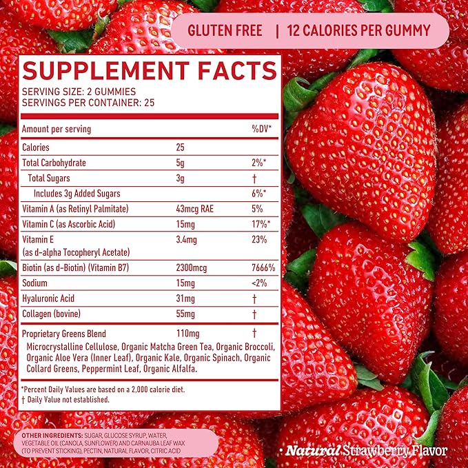 8Greens Supergreens Beauty Gummies with Collagen & Biotin | Super Greens Powder Superfood Gummy for Healthy Skin, Hair, Nails, Glow, and Firmness, Superfood Booster, Strawberry Flavored, 100 Count