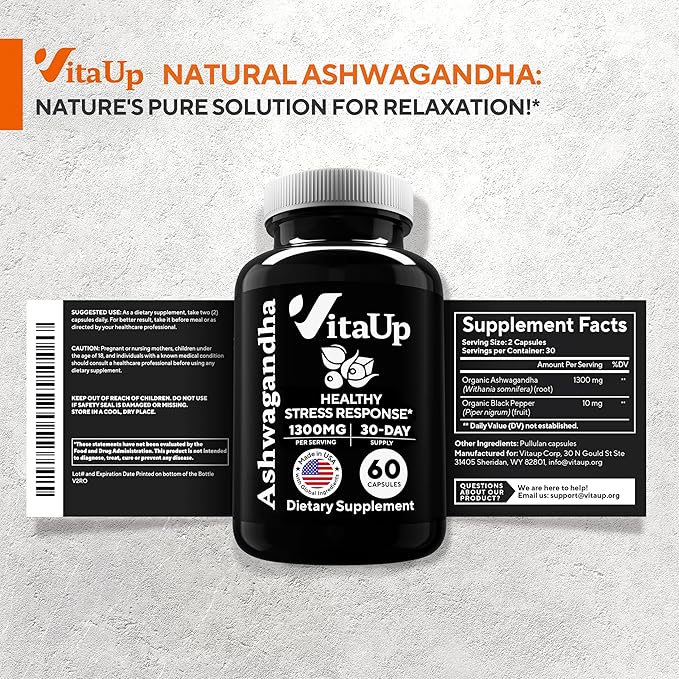 Ashwagandha Capsules 1310mg - USA Made Ashwagandha Supplements with Black Pepper - Ashwagandha Root Extract for Relaxation Support, Normal Cognitive Function & Balanced Energy Levels – 60 Caps
