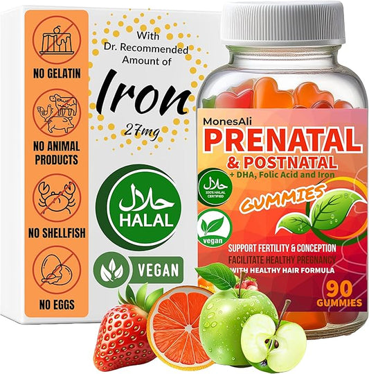 Halal Prenatal and Postnatal Vitamins for Women, Womens Multivitamin Gummies, Gelatin Free with Iron DHA Folate and folic Acid, Vegan Prenatal Vitamin Gummy, Pregnancy Must Haves, 90 Count
