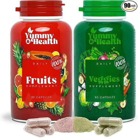 Yummy & Health Fruits and Veggies Capsules – 90 Fruit + 90 Veggie | Superfood Supplement for Energy, Immune Support, Vitamins & Essential Minerals | Vegan, Non-GMO, Gluten-Free